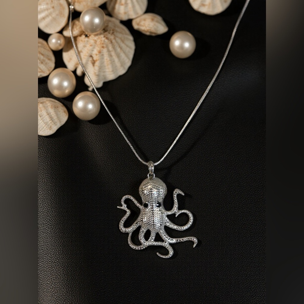 Shiny Silver Toned Octopus Pendant Necklace with Rhinestone Eyes - Picture 16 of 17